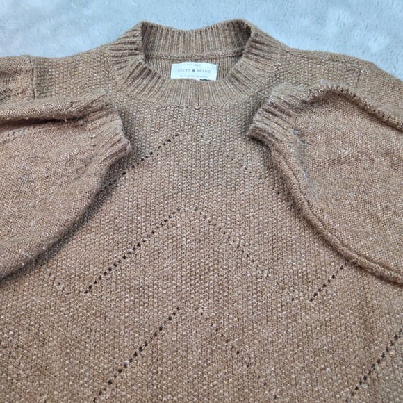 Lucky Brand Sweaters - Lucky Brand‎ Sweater Womens XS Brown Chevron Pointelle Knit Puff Sleeve Pullover
